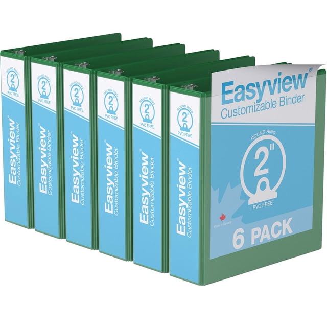 Davis Group Easyview Premium Round Ring Customizable View Binder 6 Pack 2 inch with green PVC free polypropylene covers and clear overlay pockets on front, spine, and back, made in Canada, shown side by side with visible spine labels and front cover on one binder, suitable for organizing presentations and reports.