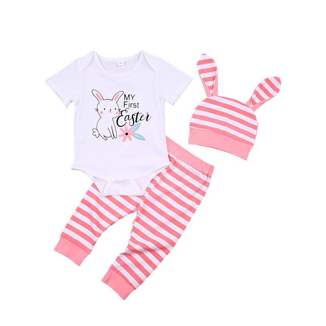 FOCUSNORM Barboteuse Mignonne pour Bébé Rabbit avec Lettres et Pantalon à Rayures/imprimé avec Chapeau
