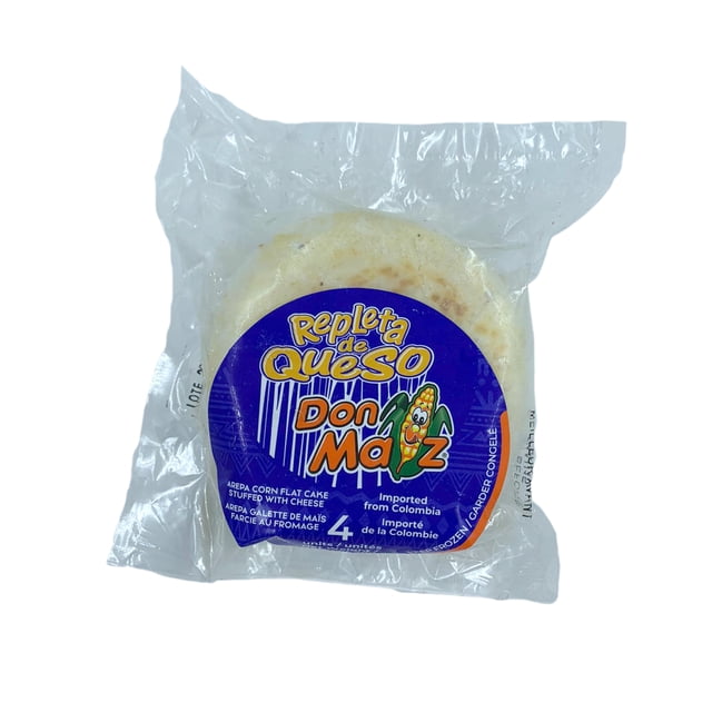 AREPA WITH CHEESE Don Maiz brand corn flat cake stuffed with cheese, packaged in clear plastic with a blue label showing brand logo and product details, imported from Colombia, suitable as a traditional Latin American flatbread option.