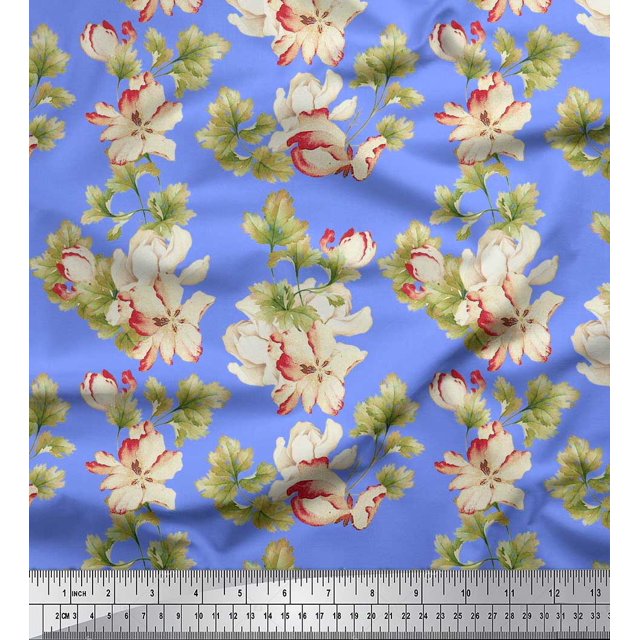 Soimoi Polyester Crepe Fabric Leaves & Magnolia Floral Printed Fabric 1 Yard 52 Inch Wide