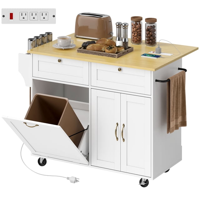 HOMCOM 51" Kitchen Island with Power Outlet Drop Leaf Kitchen Cart in white, featuring a natural wood-effect top. Includes two drawers, a 2-tier cabinet, a tilt-out trash cabinet, side spice and towel racks, and a drop-leaf tabletop that extends from 19.9" to 29.7". Equipped with three power outlets, a safety switch, and a cord hole for cable organization. Five 360° wheels provide mobility, with two brakes for stability. Dimensions: 51.2" W x 29.7" D x 35.2" H.