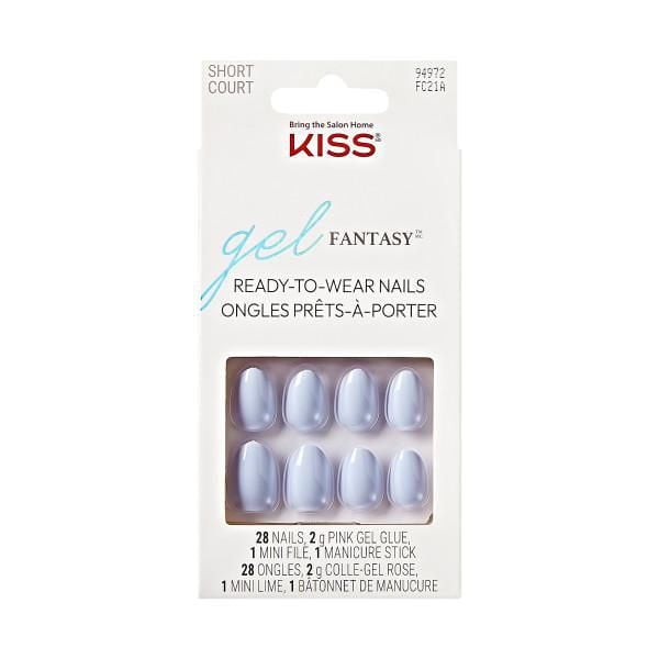 KISS Gel Fantasy Faux Ongles de Prêt-à-Porter en Forme d'Amande Courte avec une Finition Bleu Pâle Brillante, Incluant 28 Ongles, Colle Gel Rose 2 g, Lime à Ongles mini et Bâton de Manucure en Emballage Blanc avec Texte Bilingue Anglais et Français, Convient pour une application d'Ongles DIY Facile.