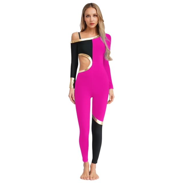 Raenseen Womens' Long Sleeve Unitard Gymnastics Ballet Dance Bodysuit Metallic Color Block Jumpsuit HotPink XXL
