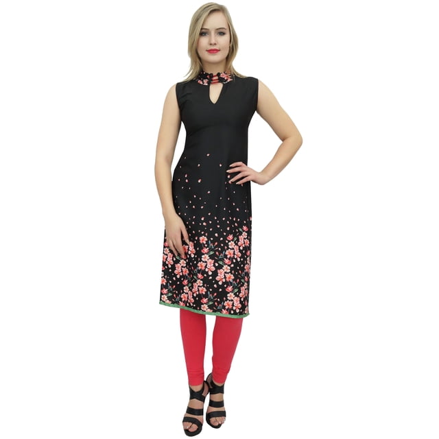 Bimba Tunique Sans Manches Noire à Imprimé Floral pour Femmes Kurta Kurti-16