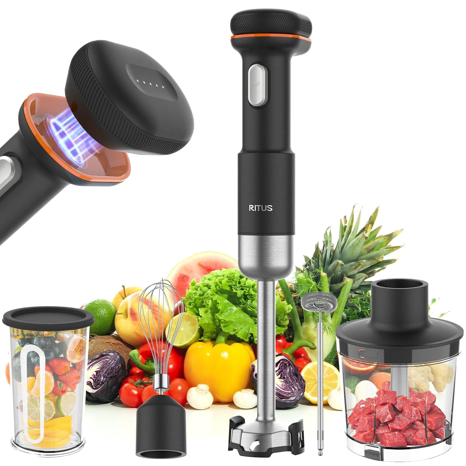 Cordless Stick Immersion Blender 5-in-1, Ritus 13000RPM Soup Blender Rechargeable Handheld Mixer For Baby Food & Smoothies, Variable Speed, Dishwashe