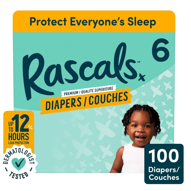 Rascals Premium Absorbent Baby Diapers, Size 6, Carton, 100 Count