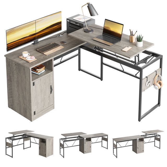 Bestier Versatile 60 Inch L-Shaped Standing Desk, Lift Top Corner Desk Extending to 95 Inches with Storage Cabinet and Hooks for Home Office, Washed Gray