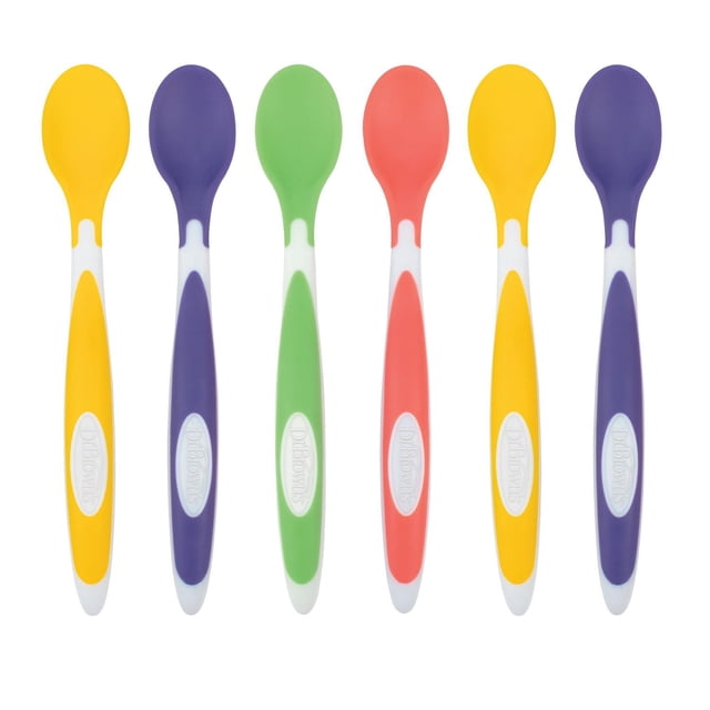 Dr. Brown's Designed to Nourish Soft-Tip Toddler Feeding Spoons 6-pack with colorful soft-tip spoons in yellow, purple, green, and red, featuring white ergonomic handles with the brand name, designed for gentle feeding, mess-free use with wide-base elevation, and dishwasher safe toddler flatware for 4 months and older.