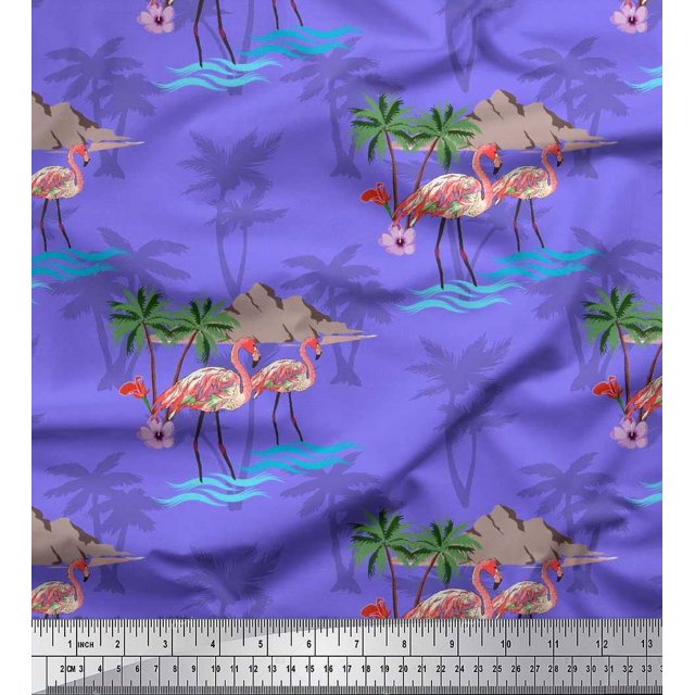 Soimoi Purple polyester Crepe Fabric Palm Tree, & Flamingo Bird Decor Fabric Printed Yard 52 Inch Wide
