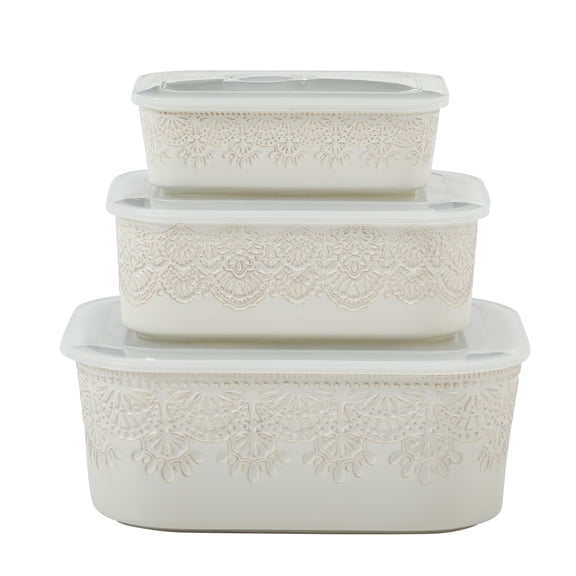The Pioneer Woman Vintage Lace Ceramic Casserole Dish Set, Nesting Baking Dish with Lid, Linen, 6-Piece Set