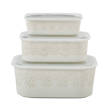 The Pioneer Woman Vintage Lace Ceramic Casserole Dish Set, Nesting Baking Dish with Lid, Linen, 6-Piece Set