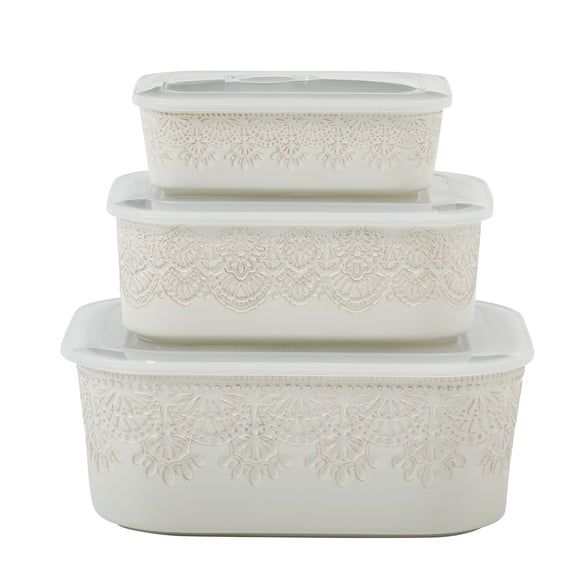 The Pioneer Woman Vintage Lace Ceramic Casserole Dish Set, Nesting Baking Dish with Lid, Linen, 6-Piece Set