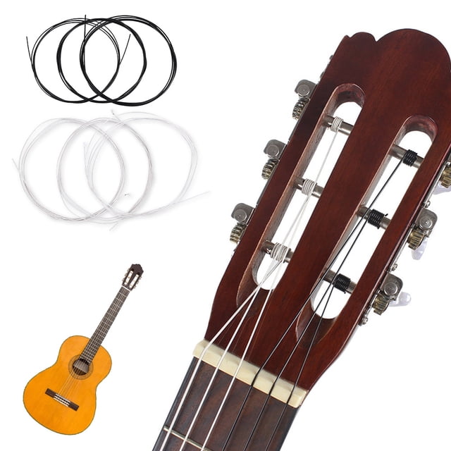 Classical guitar strings made of durable nylon material, available in black, white, and transparent options. Includes six strings labeled E, B, G, D, A, and E, displayed alongside a classical guitar headstock and a full classical guitar. Ideal for replacement, enhancing sound clarity, and as guitar accessories for classical guitars.