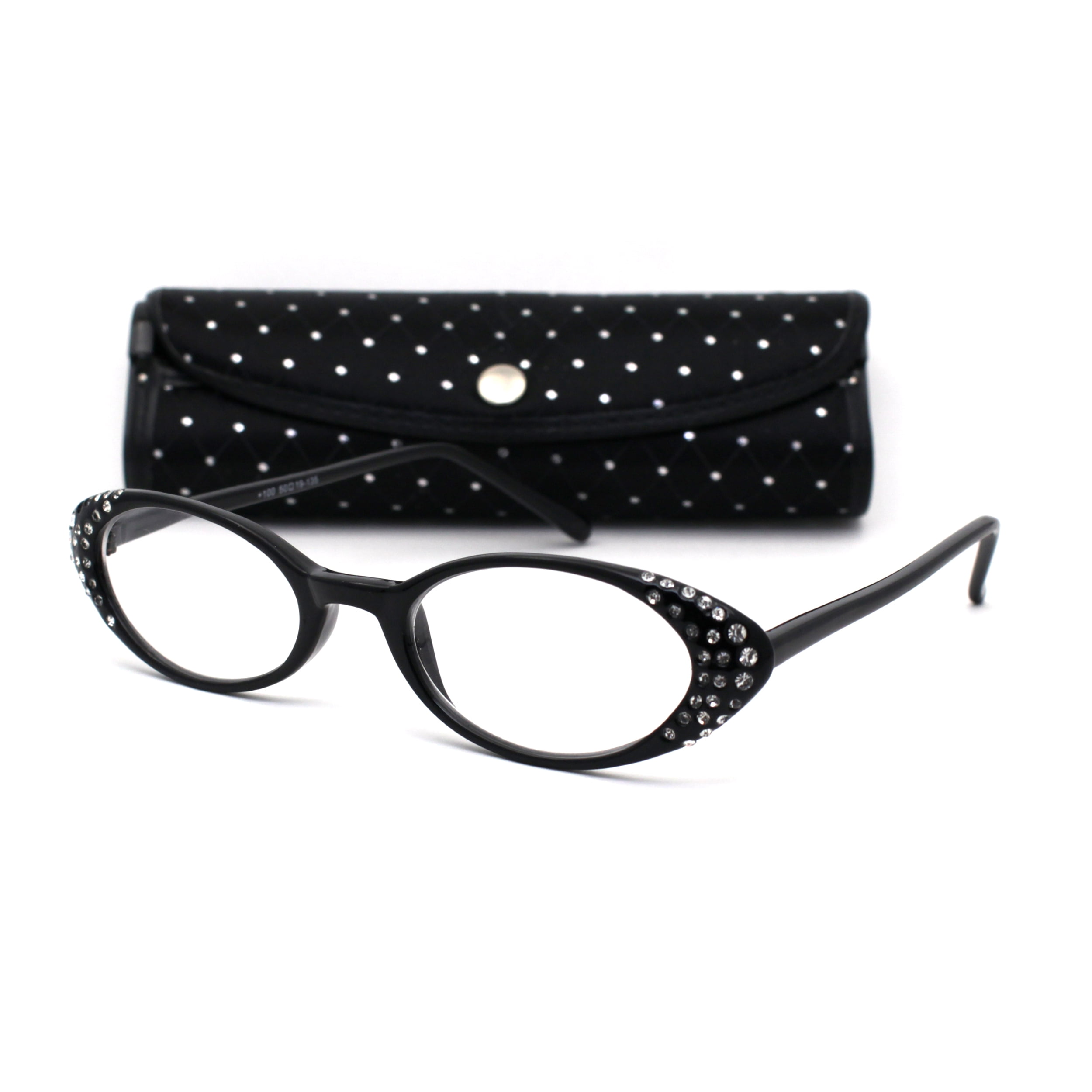 Lunettes de Lecture pour Femmes à Oeil de Chat Ovales Cloutées de Strass avec Étui Rigide Noir +2,5
