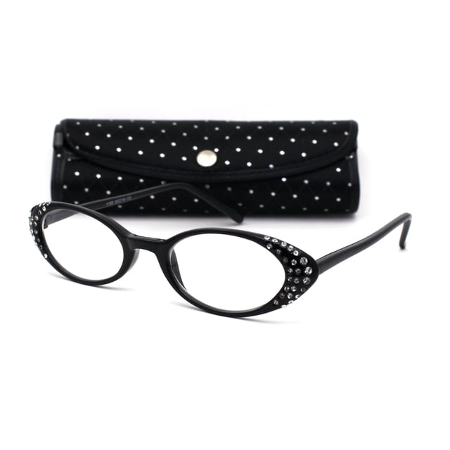 Womens Rhinestone Studded Oval Cat Eye Reading Glasses with Hard Case Black +1.0