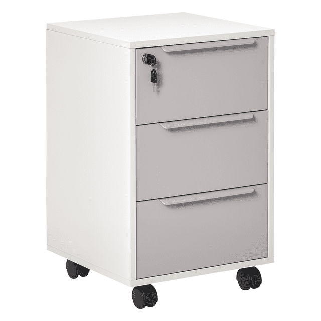 HOMCOM Vertical Filing Cabinet with Lock, 3 Drawer File Cabinet in grey and white. Features a central locking system for securing documents, three drawers with full extension glides, and a spacious top for storage. Made of durable particleboard and MDF, it includes 360° swivel casters for mobility, with two locking brakes for stability. Dimensions are 15.75 inches wide, 15.75 inches deep, and 25 inches high. Suitable for home office, study, bedroom, living room, or dorm.
