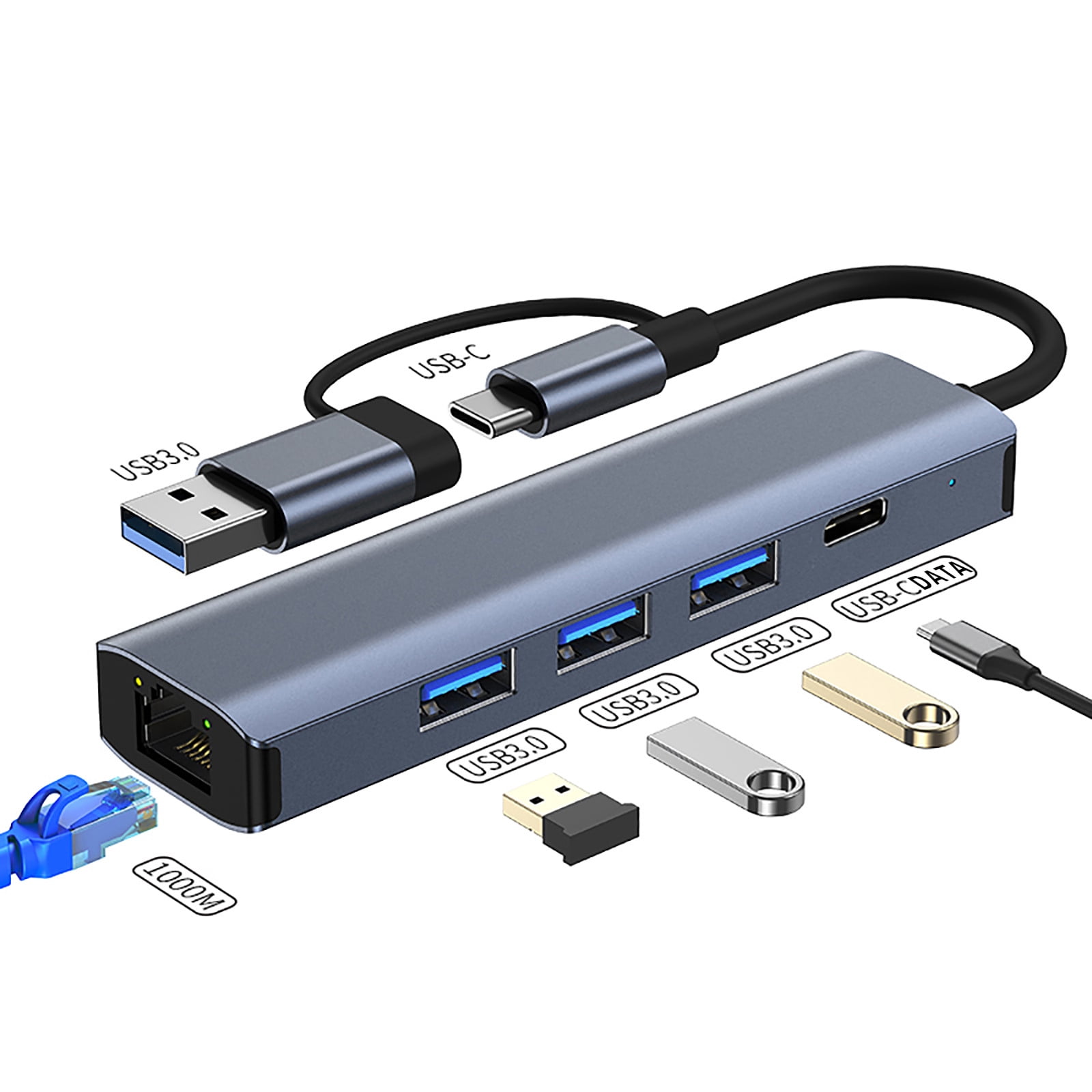 Wolfast Usb C To Usb Hub Usb 3.0 To Ethernet Adapter 5 in 1 Multiport Hub with Gigabit and Type-C Power Port Lan Network Adapter Laptop Pc and More Type C Usb Hub