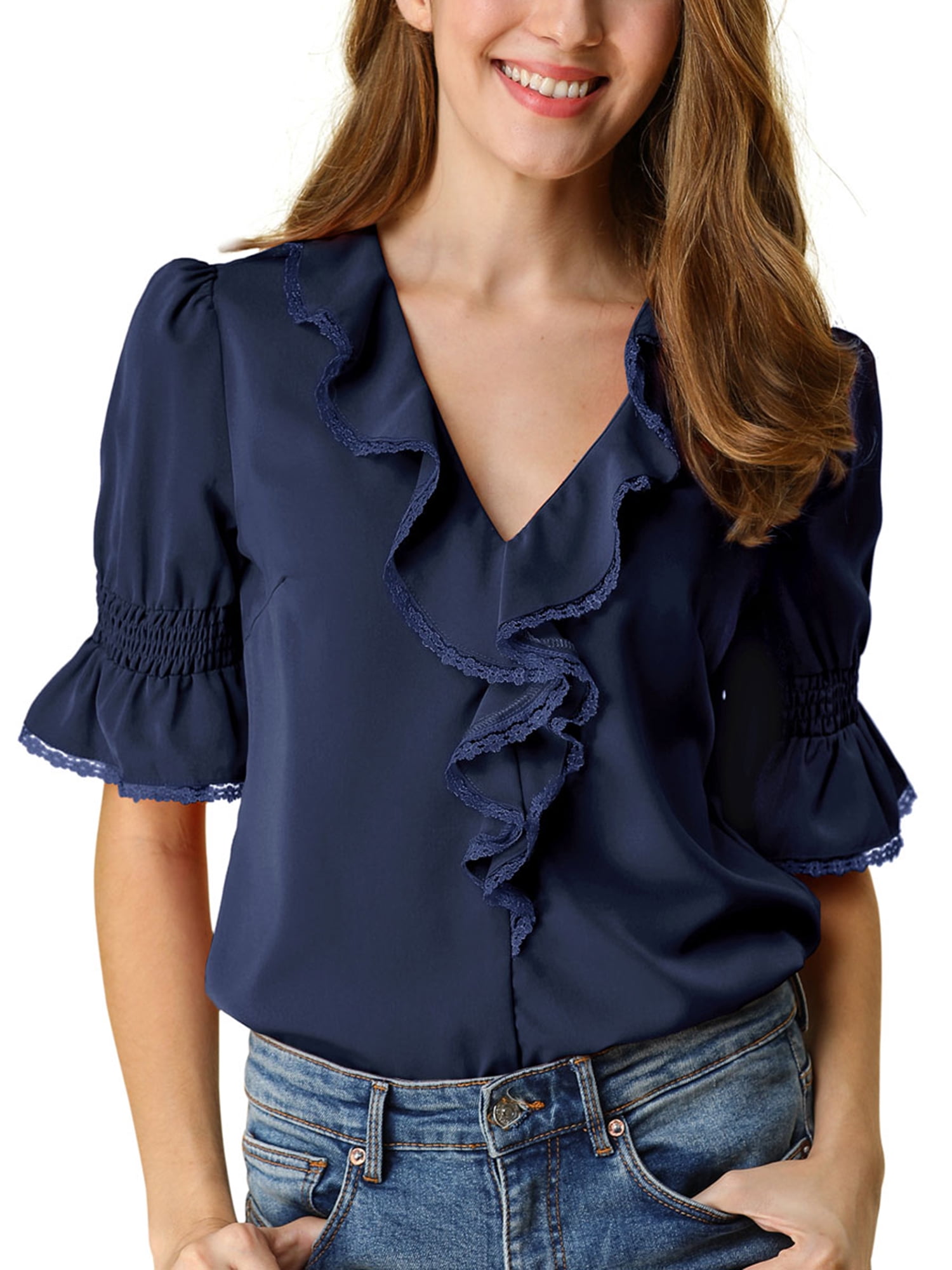 INSPIRE CHIC Women's Ruffled V Neck Puff Elbow Sleeve Semi-Sheer Chiffon Blouse 2XL Navy Blue