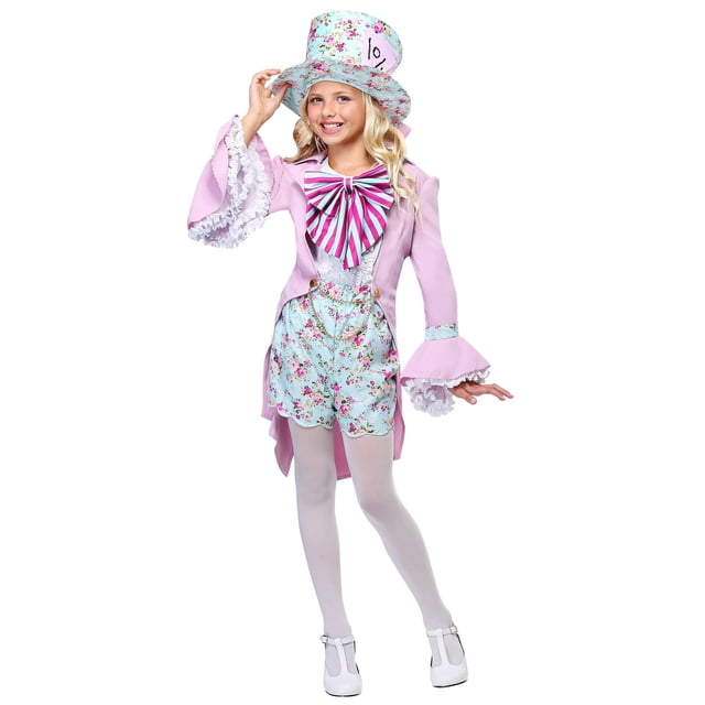 Pretty Mad Hatter Girls Costume featuring a pink tailcoat jacket with flared bell cuffs and ruffled mesh lining, a white sleeveless blouse with button details, and high-waisted blue floral shorts with a slight sheen. The outfit is accessorized with a striped floppy bow tie, a gold-tone chain, and a foam top hat with a floral pattern, oversized pink bow, and wire-edged brim. Suitable for Halloween or Alice in Wonderland-themed events.