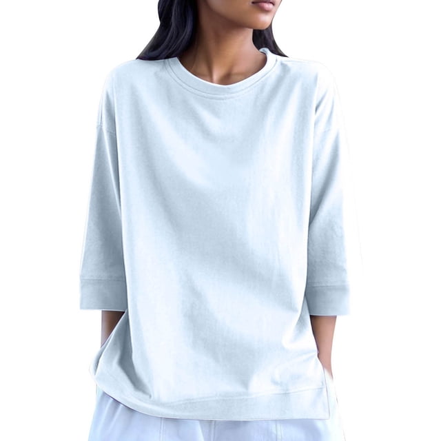 Timegard t-shirt pour Femme à Manches 3/4 avec Encolure Ronde et design Uni. Ce Haut Décontracté à Coupe Ample Est Parfait pour l'Automne et à Superposer avec des cardigans Ou des Vestes. Fabriqué en Tissu Doux et Respirant pour le Confort au Printemps, en Été et en Automne. Présenté dans une Couleur Claire avec une silhouette Décontractée.