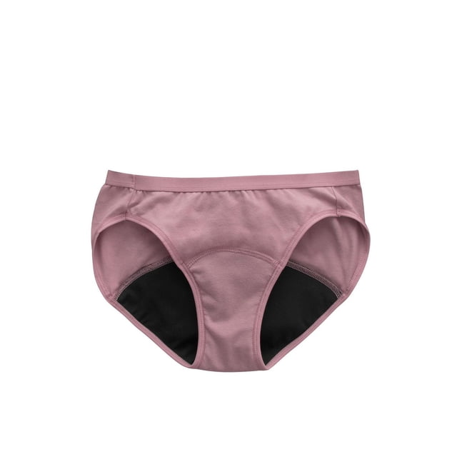 Hanes Comfort, Period. Moderate Leak Bikini, 1-Pack in muted pink with classic bikini silhouette and moderate coverage. Features a black leak protection liner for moderate absorbency, moisture-wicking fabric, stain resistance, and odor guard. Machine washable and reusable period underwear designed for discreet, comfortable protection.