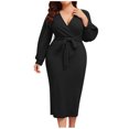thumbnail image 1 of CEHVOM Robe Décontractée pour Femmes, Unie, Ample, à Ourlet Volanté, à Fermeture Éclair, à Manches Longues, à Col en V, en Solde, 1 of 7