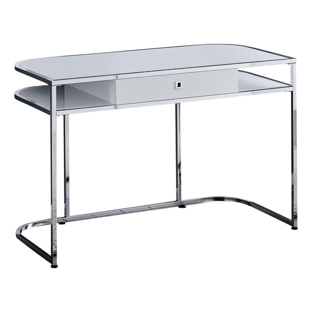 Monarch Specialties Computer Desk in glossy white with chrome metal frame, featuring a spacious desktop, one large storage drawer, and two open shelves, measuring 47.25 inches long, 23.75 inches wide, and 31 inches high, suitable for home or office use and finished on all sides for versatile placement.