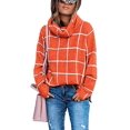 thumbnail image 1 of 2021 Automne Chandails pour Femmes Pull Col Roulé Manches Longues Plaid Côté Divisé Vérifié Outwear Ample Fit Tops, 1 of 9