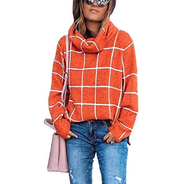 2021 Automne Chandails pour Femmes Pull Col Roulé Manches Longues Plaid Côté Divisé Vérifié Outwear Ample Fit Tops