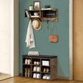 thumbnail image 3 of Kojooin 31.5 Inch Coat Rack Shoe Bench, Entryway Hall Tree with Cushioned Bench, Cubbies, Hooks, Shelf and Blackboard, 3 of 6