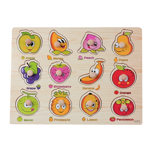 Jindong Kids Wooden Peg Puzzles Set with Alphabet Numbers Fruits Animals and Vehicles