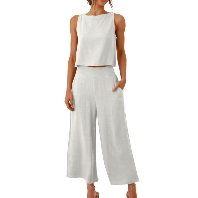 Fankiway Ensemble 2 Pcs Mode Femme Col Rond Uni Sans Manches Blouse + Pantalon Ample à Poches Ensembles Vêtements d'Entraînement pour Femmes Ensembles de Vêtements pour Femmes