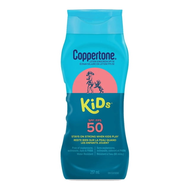 Coppertone Kids Sunscreen Lotion SPF 50 in a 237 mL blue plastic bottle with flip-top cap, featuring a pink circle graphic of child and dog silhouettes, water resistant for 80 minutes, hypoallergenic, free of oxybenzone, octinoxate, dyes, and PABA, providing broad spectrum UVA/UVB protection for active children outdoors.