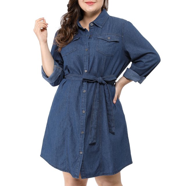 GRACE & GRANDEUR Robe-Chemise en Denim au-Dessus du Genou avec Ceinture pour Femme Grande Taille