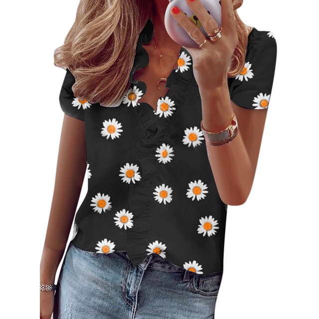 MAWCLOS Ladies Shirts Floral Tops V Neck Blouse Loose Work Short Sleeve Tee Daisy Black S