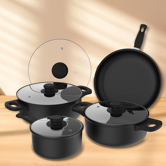 YOPTOP Induction Cookware Set 13 Pieces Washable Brush Resistant Non-Stick Pans With Gumwood Handles Kitchen Cookware Set With Frying Pan Stewing Pot And Stockpot Pan Outdoor Set,Black