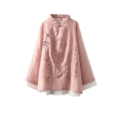 Pisexur Tops pour Femmes Léger Vintage Broderie Florale Coton Lin Hauts à Manches Longues pour Femmes Mode Grenouille Chinoise Chemisiers à Boutons Chemises Amples Décontractées Chemises pour Femmes Rose