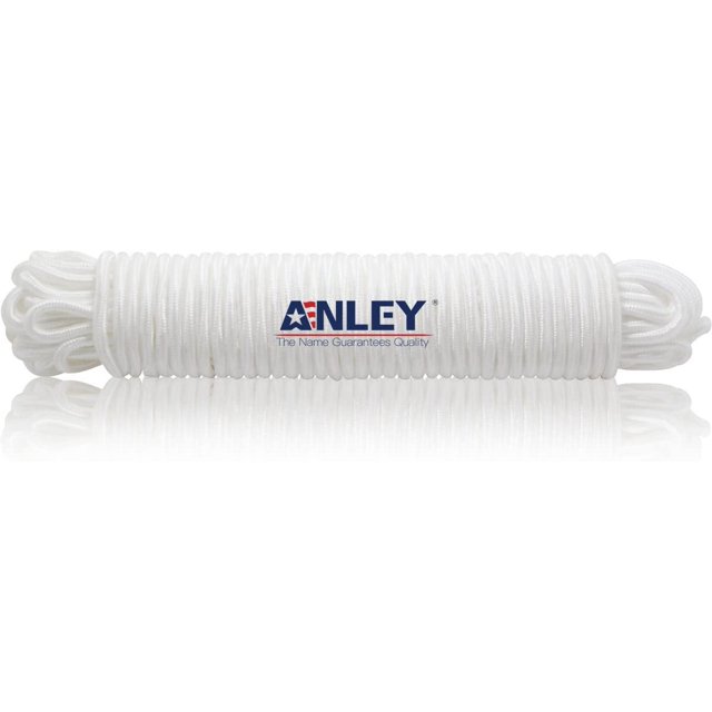 Anley 80 feet x 1/4" flag pole halyard rope, coiled neatly in a white finish. This double-braided rope is heavy-duty, weatherproof, and suitable for outdoor flagpoles up to 35 feet. The Anley logo is prominently displayed on the packaging.