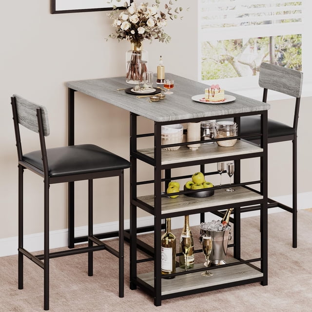 Kitchen Table Set, Dining Table and Chairs for 2, 3Pcs Dining Room Table Set with 2 Upholstered Chairs, Bar Dining Table Set for Small Spaces, Apartment, Breakfast, Pub, Rustic Gray