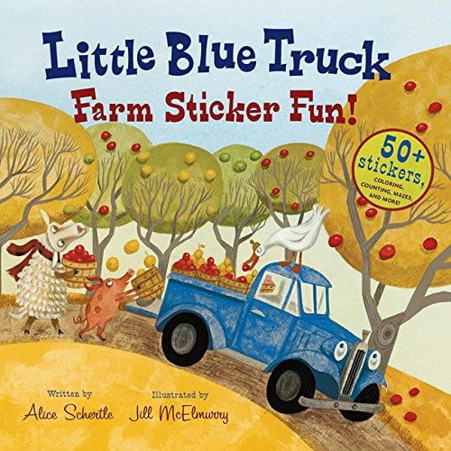 Little Blue Truck Farm Sticker Fun! children's book cover showing a blue farm truck loaded with red apples driving on a dirt path through an orchard with yellow and green trees, accompanied by a sheep and pig carrying baskets of apples, featuring over 50 stickers for coloring, counting, and mazes.