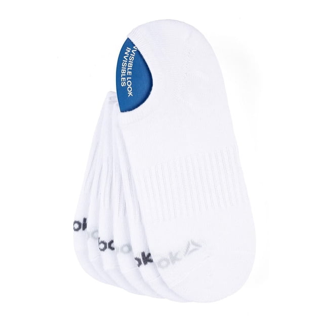 Reebok 6pk ankle sock set with six pairs of white men's ankle socks featuring ribbed arch support, low-cut design, and Reebok logo near the toe, machine washable and sized 6 to 12.5, suitable for daily and athletic wear.