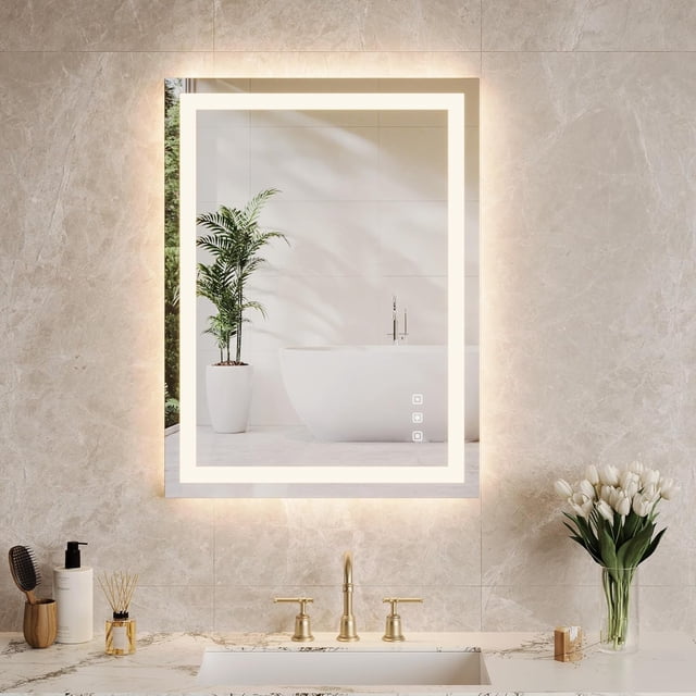 Arched LED Bathroom Mirror with Front and Backlight, Dimmable Anti-Fog Vanity Mirror, Shatter-Proof Wall Mirror with 3 Light Colors, Memory Function, Horizontal or Vertical Mount
