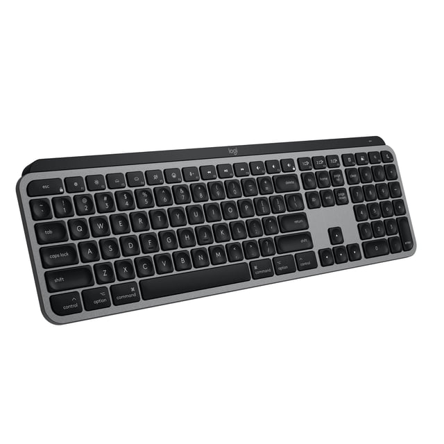 Logitech MX Keys S for Mac wireless keyboard with a low-profile design, ergonomic Mac-specific key layout, and matching Apple finishes. Features spherically dished keys for fluid, precise typing, programmable Smart Actions, adaptive backlighting, and USB-C charging. Compatible with macOS, iPadOS, and iOS via Bluetooth Low Energy.