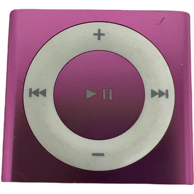 Apple iPod Shuffle 4th Gen 2GB Pink compact MP3 player with a sleek anodized aluminum design and clickable control pad. Features include a built-in clip for portability, up to 15 hours of battery life, VoiceOver functionality for song and playlist navigation, and compatibility with iTunes. Shown in excellent condition without retail packaging.