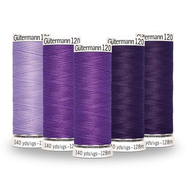 Gutermann 120 Fil Tout Usage 100 % polyester Dégradé de Couleur Lot de 5 Bobines dans des Teintes de Lavande Pâle à Violet Foncé, Chaque Bobine Contenant 140 yards (128 Mètres) de Fil à Coudre Polyvalent Idéal pour la Couture à la machine et à la Main sur Tissus de Coton, Synthétiques et en Laine, Convient Aussi aux Projets d'Artisanat et de Raccommodage.