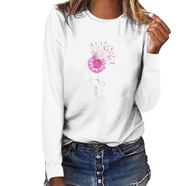 cllios Pink Ribbon Shirts Women Breast Cancer Graphic Tees Cancer Awareness Tshirts Inspirational Survivor Long Sleeve Pullover Tops Gifts for Cancer Survivors