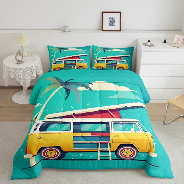 Erosebridal Rustic Camping Bedding Full Comforter Set, Camp Car Down Comforter, Coconut Tree Decor, Breathable 3pcs