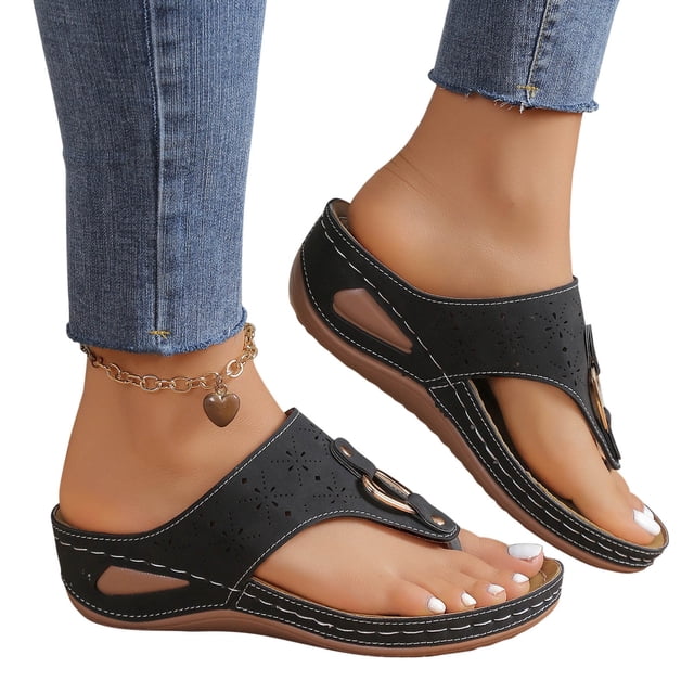LSLJS Hollow Metal Circle Thick-soled Wedge Heel Flip-flops Women, Womens Flip Flops