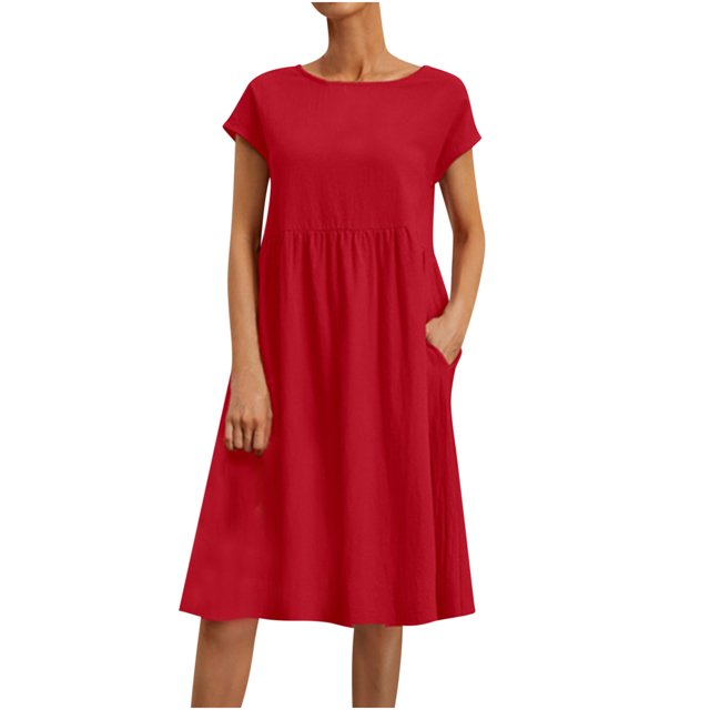 RKSTN Robes d'Été pour Femmes 2023 Décontractées en Coton et Lin Couleur Unie Longueur Genou Jupes Col Rond Manches Courtes Robe Midi avec Poches. une Robe d'Été Rouge Longueur Genou en Coton et Lin, avec une Encolure Ronde, des Manches Courtes et des Poches Latérales. la Robe Coupe Décontractée et Est Idéale pour une Tenue Décontractée Lors des occasions d'Été.