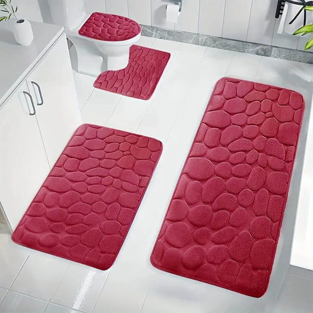 Dvkptbk Tapis de Salle de Bain Rouges Ensemble de Tapis de Bain 4 Pcs, Comprenant des Tapis de Bain en Mousse Mémoire avec un Motif Texturé Façon Pierre. Comprend un Tapis de Toilette, un Couvre-Couvercle et Deux Tapis Rectangulaires en Rouge Vif. Conçu pour la Sécurité Antidérapante, une Haute Absorbance et une Lavable à la machine, Idéal pour la Salle de Bain.